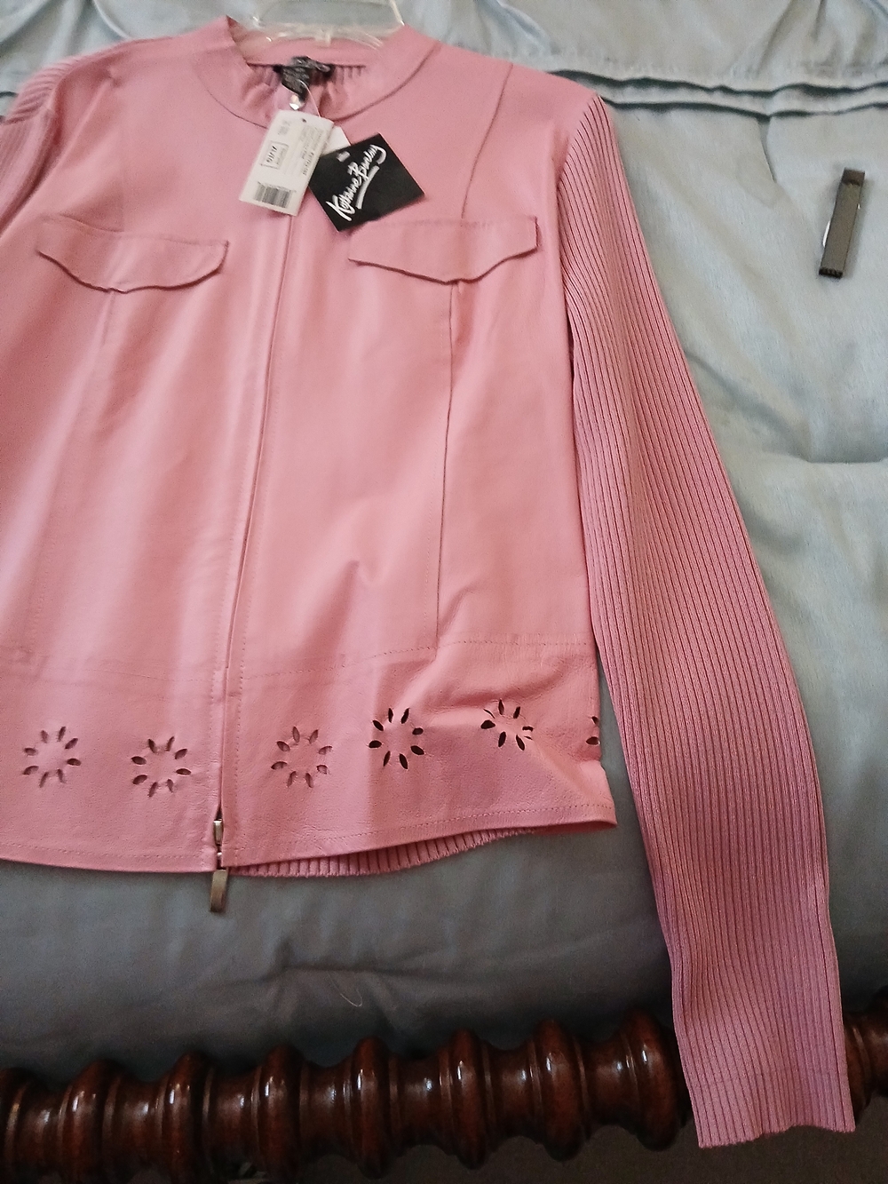 Neiman Marcus Pink Rib-Sleeve Laser-Cut Jacket